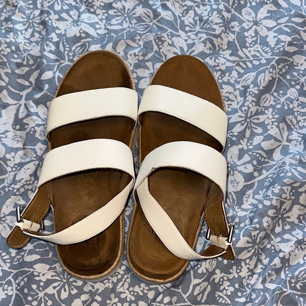 Time and Tru White and Brown Sandals with Adjustable Ankle Strap